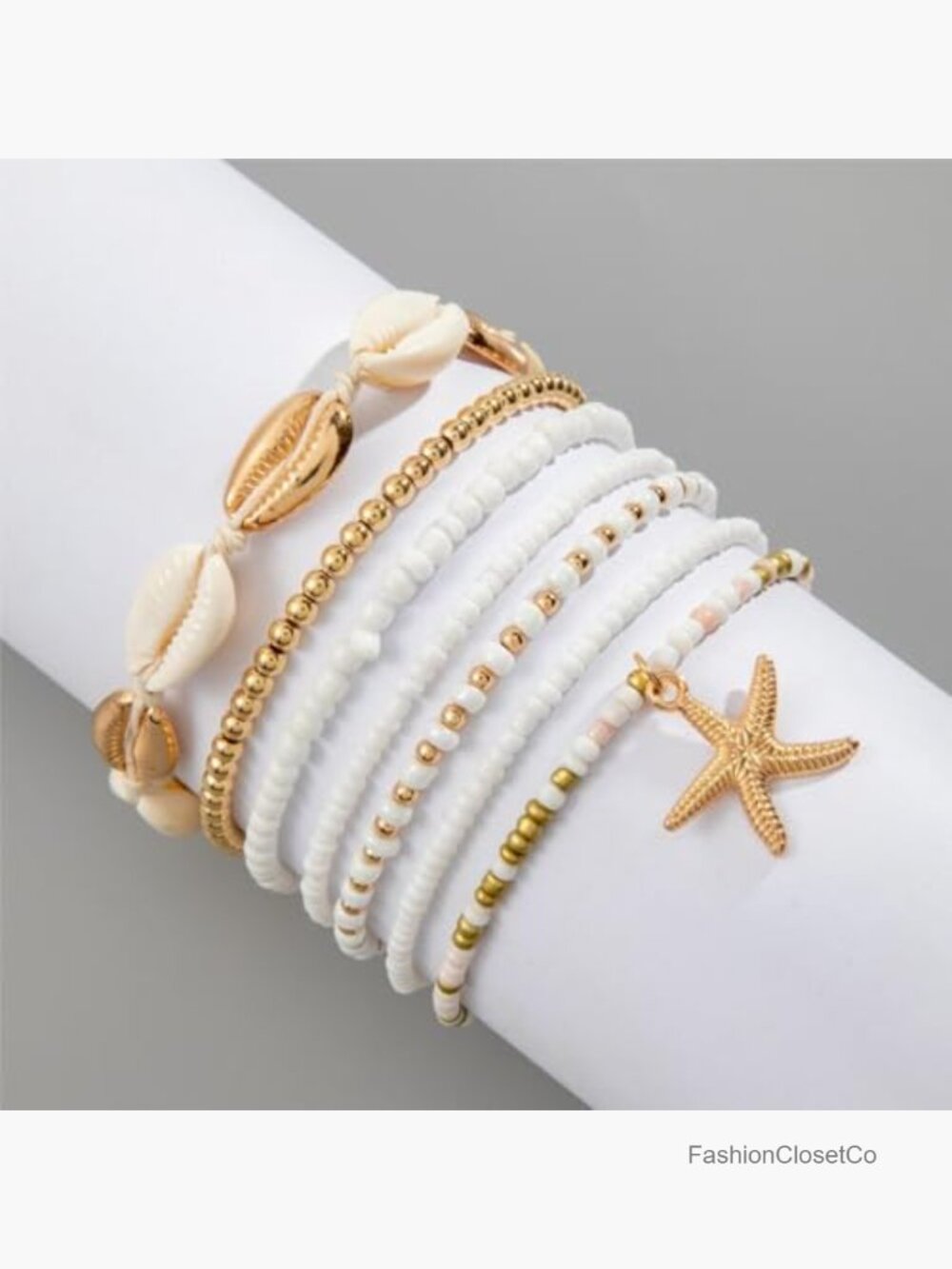 7 Pcs Layered Cowrie Shell & Beaded Ankle Bracelets with Starfish Charm, - Picture 4 of 7
